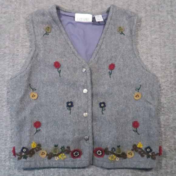 Casey & Max Jackets & Blazers - Casey & Max Wool Vest M Gray Floral Embroidered Metal Button Cottagecore Boho
